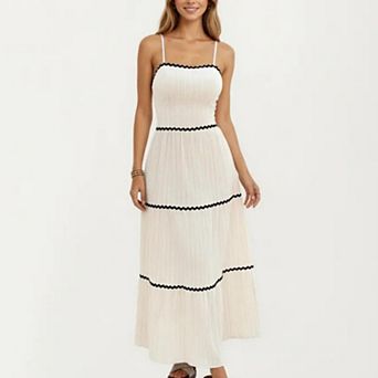 Sleeveless Pleated Maxi Dress with Spaghetti Straps Contrast Trim Detail and Flowy Tiered