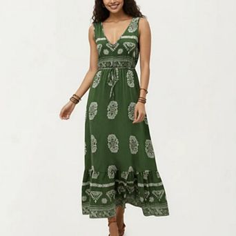 Sleeveless V Neck Maxi Dress with Bohemian Print Tiered Hem Detail and Relaxed Flowy Fit Design