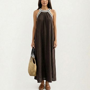 Sleeveless Halter Neck Maxi Dress with Contrast Trim Detail and Relaxed Flowy A-Line Silhouette