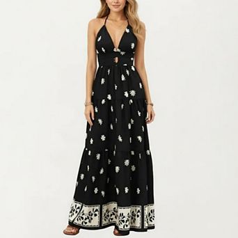 Sleeveless Halter Neck Maxi Dress with Floral Print Keyhole Detail and Tiered Flowy Silhouette