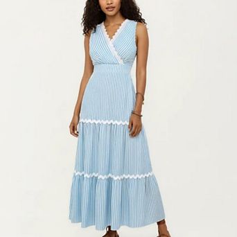 Sleeveless Striped Maxi Dress with V Neckline Contrast Trim Detail and Tiered Flowy Silhouette