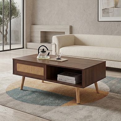 41.34" Rattan Coffee Table, Mid Century Modern, Solid Wood Legs and Open Shelf, for Living Room