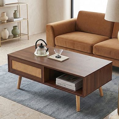 41.34" Rattan Coffee Table, Mid Century Modern, Solid Wood Legs and Open Shelf, for Living Room