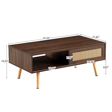 41.34" Rattan Coffee Table, Mid Century Modern, Solid Wood Legs and Open Shelf, for Living Room