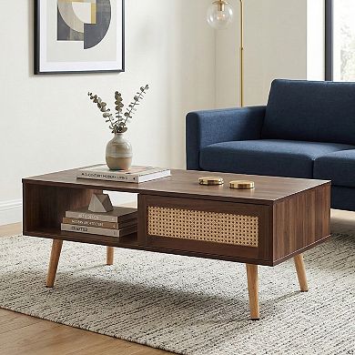 41.34" Rattan Coffee Table, Mid Century Modern, Solid Wood Legs and Open Shelf, for Living Room