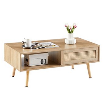 41.34" Rattan Coffee Table, Mid Century Modern, Solid Wood Legs and Open Shelf, for Living Room