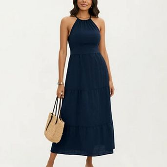 Sleeveless Halter Neck Midi Dress with Tiered Skirt Detail and Relaxed Flowy Fit Lightweight Design