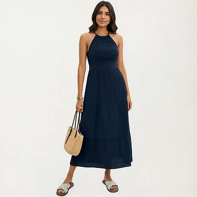 tiered halter midi dress Women's Printed Tiered Halter Midi Dress (Ivory Frosted Aqua, Size 18) J.Crew Factory