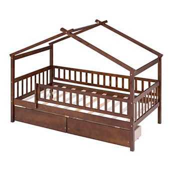 Twin Size Wooden House Bed with Two Drawers and Safety Guardrail, Wood Bed Frame, for Kids, Teens