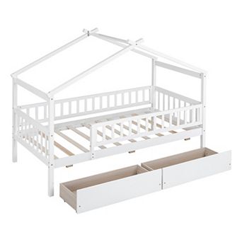 Twin Size Wooden House Bed with Two Drawers and Safety Guardrail, Wood Bed Frame, for Kids, Teens