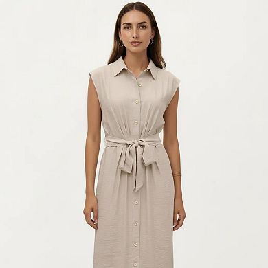Sleeveless Button Front Midi Dress with Collared Neckline and Relaxed Fit Flowy Silhouette Design