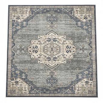 Vintage Medallion Rug, Low Pile Distressed Floor Cover for Living Room Bedroom Dining Room