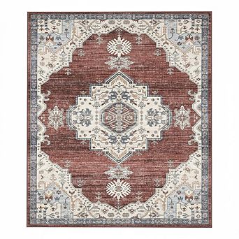 Vintage Medallion Rug, Low Pile Distressed Floor Cover for Living Room Bedroom Dining Room