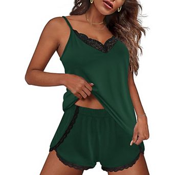 Ekouaer Pajama Sets for Women Lingerie Sleepwear 2 pc Cami Split Short Set V Neck Lace Summer Pjs