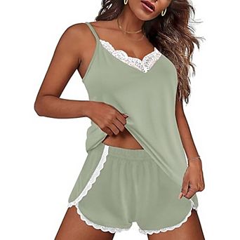 Ekouaer Pajama Sets for Women Lingerie Sleepwear 2 pc Cami Split Short Set V Neck Lace Summer Pjs