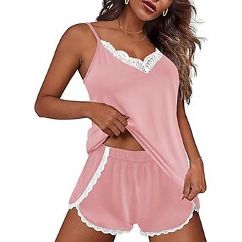 Ekouaer Pajama Sets for Women Lingerie Sleepwear 2 pc Cami Split Short Set V Neck Lace Summer Pjs