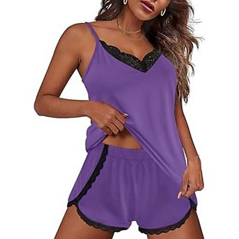 Ekouaer Pajama Sets for Women Lingerie Sleepwear 2 pc Cami Split Short Set V Neck Lace Summer Pjs