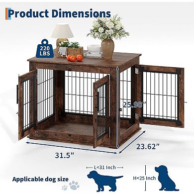 Indoor Double-Door Wooden Dog Crate,Dog House Side Table for Small Medium Dogs