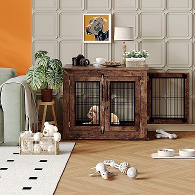 Indoor Double-Door Wooden Dog Crate,Dog House Side Table for Small Medium Dogs