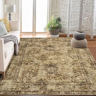 Vintage Oriental Printed Washable Area Rug, Distressed Thin Low Pile Carpet for Living Room Bedroom