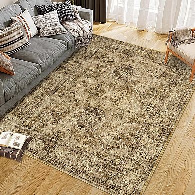 Vintage Oriental Printed Washable Area Rug, Distressed Thin Low Pile Carpet for Living Room Bedroom