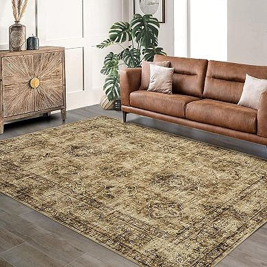 Vintage Oriental Printed Washable Area Rug, Distressed Thin Low Pile Carpet for Living Room Bedroom
