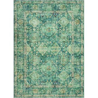 Vintage Oriental Printed Washable Area Rug, Distressed Thin Low Pile Carpet for Living Room Bedroom