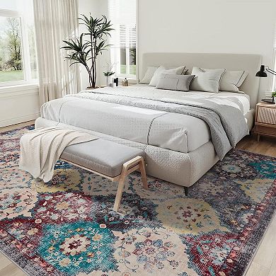 Washable Vintage Rug, Machine Washable Rectangle for Living Room Bedroom Kitchen Office