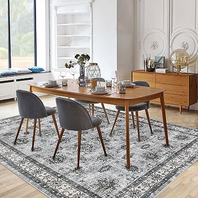 Vintage Washable Rug, Stain Resistant Soft Low Pile Foldable Thin Carpet for Living Room Bedroom