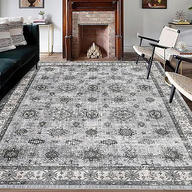 Vintage Washable Rug, Stain Resistant Soft Low Pile Foldable Thin Carpet for Living Room Bedroom