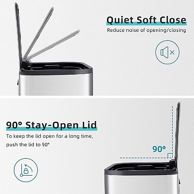 12L Stainless Steel Trash Can, Rectangular with Soft-Close Lid & Foot Pedal, Removable Bucket