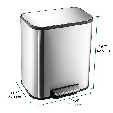 12L Stainless Steel Trash Can, Rectangular with Soft-Close Lid & Foot Pedal, Removable Bucket