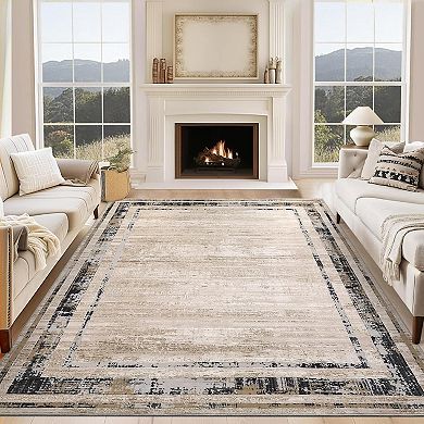 Modern Bordered Washable Rug, Non Slip Stain Resistant Carpet for Living Room Dining Room Bedroom