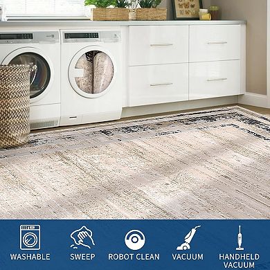 Modern Bordered Washable Rug, Non Slip Stain Resistant Carpet for Living Room Dining Room Bedroom