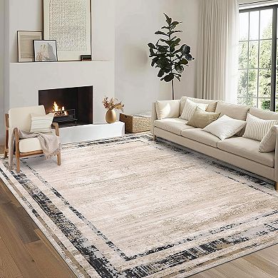 Modern Bordered Washable Rug, Non Slip Stain Resistant Carpet for Living Room Dining Room Bedroom