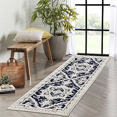 Vintage Medallion Runner Rug, Non-Slip Floral Textured Low Pile Rug for Entryway Hallway Kitchen