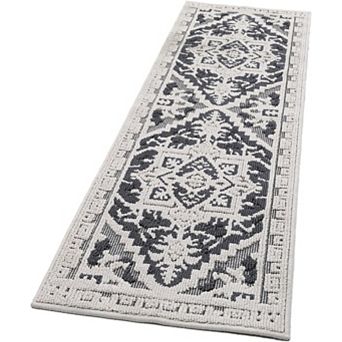 Vintage Medallion Runner Rug, Non-Slip Floral Textured Low Pile Rug for Entryway Hallway Kitchen