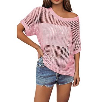 Zeagoo Women's Swimsuit Coverup Crochet Sweater Tops Lightweight Short Sleeve Summer Clothes