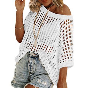 Zeagoo Women's Swimsuit Coverup Crochet Sweater Tops Lightweight Short Sleeve Summer Clothes