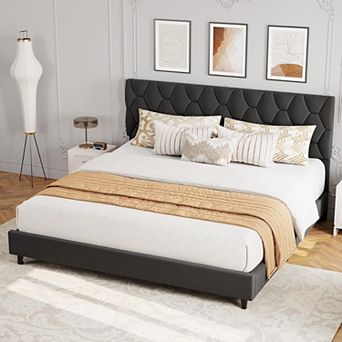 King Upholstered Platform Bed Frame with Headboard, Wood Slats Support