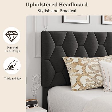 King Upholstered Platform Bed Frame with Headboard, Wood Slats Support