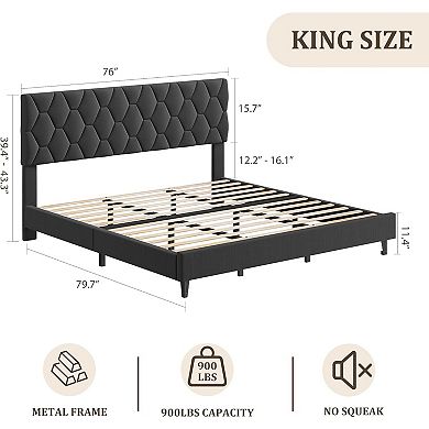 King Upholstered Platform Bed Frame with Headboard, Wood Slats Support
