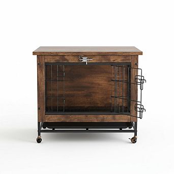 Dog Crate Furniture,26" Wooden Dog Kennel，Double Doors with Pull-Out Tray,Feeding Doors