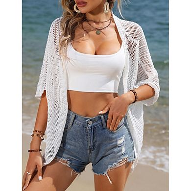 Women Crochet Knit Open Front Cardigan Lightweight Beach Cover Up with Batwing Sleeves