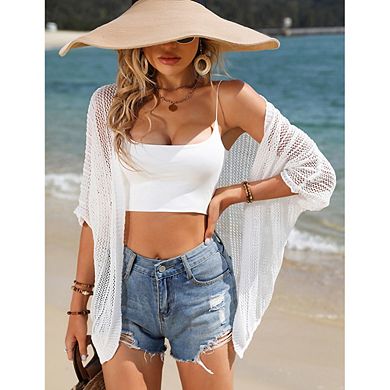 Women Crochet Knit Open Front Cardigan Lightweight Beach Cover Up with Batwing Sleeves