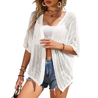 Women Crochet Knit Open Front Cardigan Lightweight Beach Cover Up with Batwing Sleeves