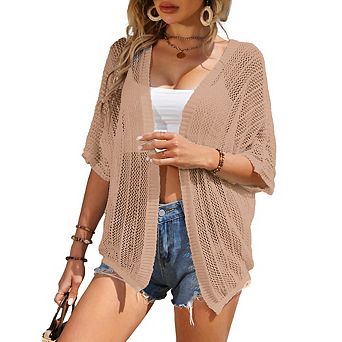 Women Crochet Knit Open Front Cardigan Lightweight Beach Cover Up with Batwing Sleeves