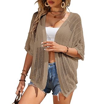 Women Crochet Knit Open Front Cardigan Lightweight Beach Cover Up with Batwing Sleeves
