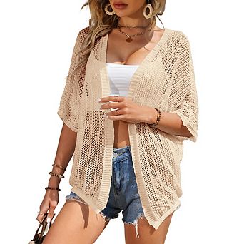 Women Crochet Knit Open Front Cardigan Lightweight Beach Cover Up with Batwing Sleeves