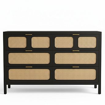 Oak Rattan 6-Drawer Dresser with Metal Handles, Farmhouse Wood Storage Chest for Bedroom & Entryway